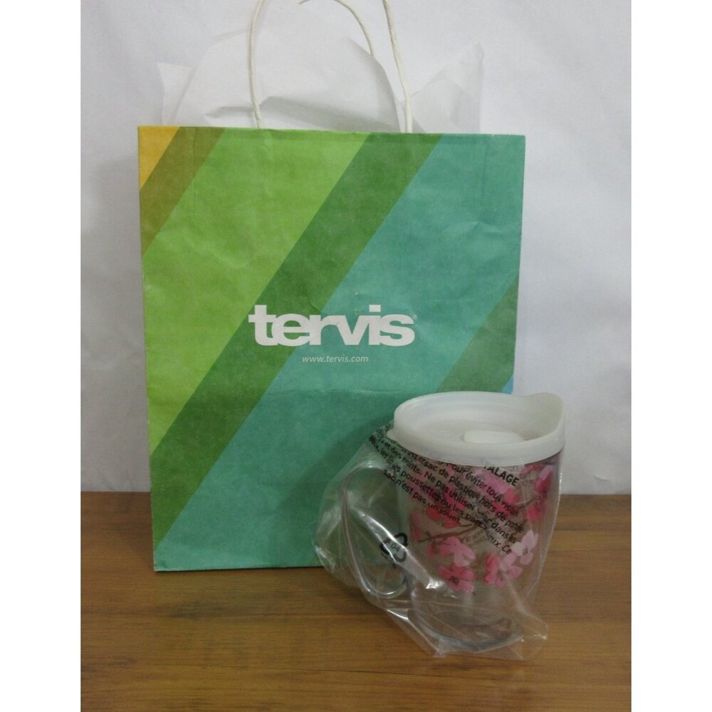 Tervis Japanese Pink Cherry Blossom Coffee Mug with White Lid, 16 oz, Clear NEW